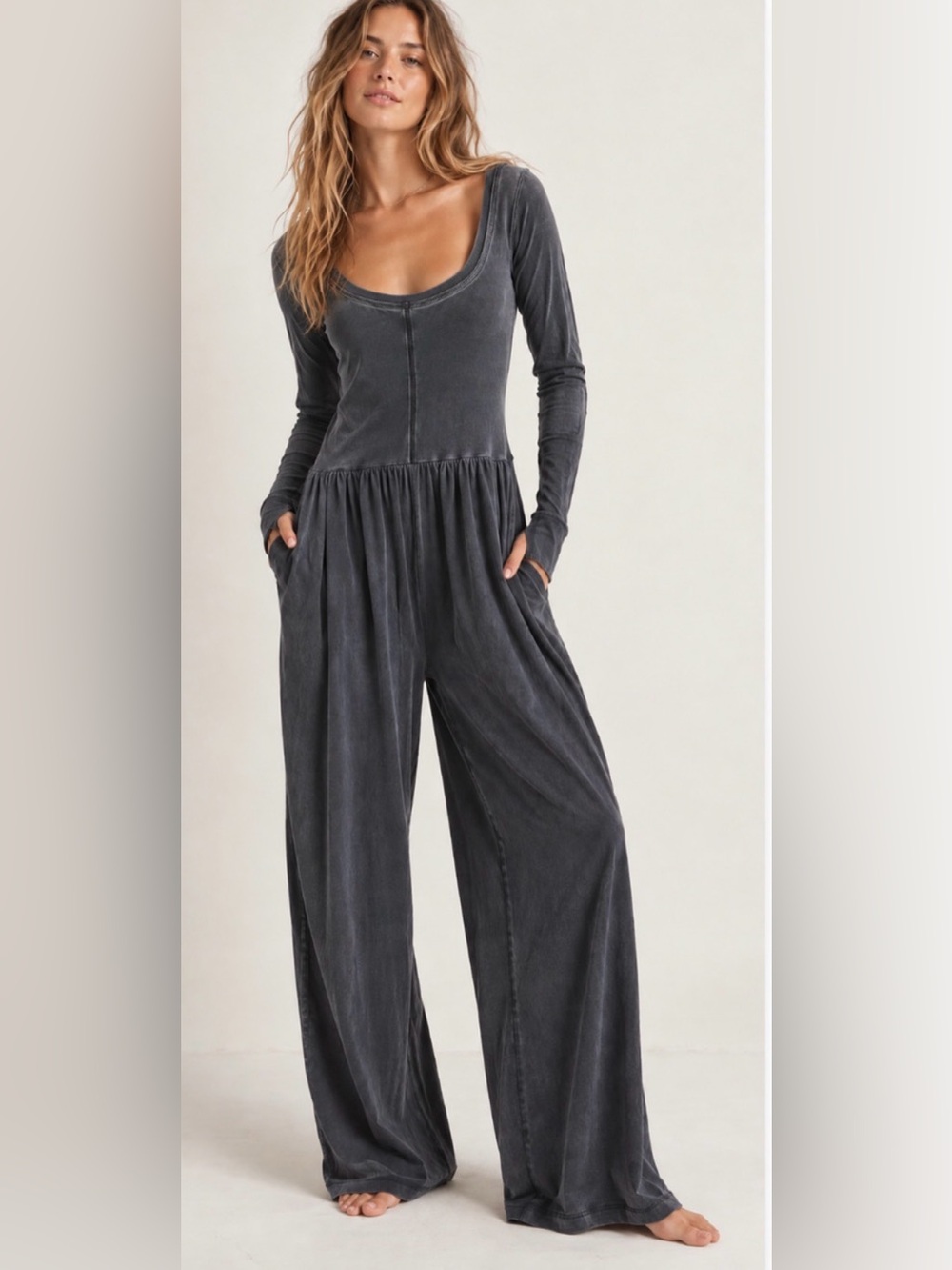 FREE PEOPLE FP MOVEMENT DISTRESSED BLACK HOT SHOT WIDE LEG ONE PIECE JUMPSUIT S